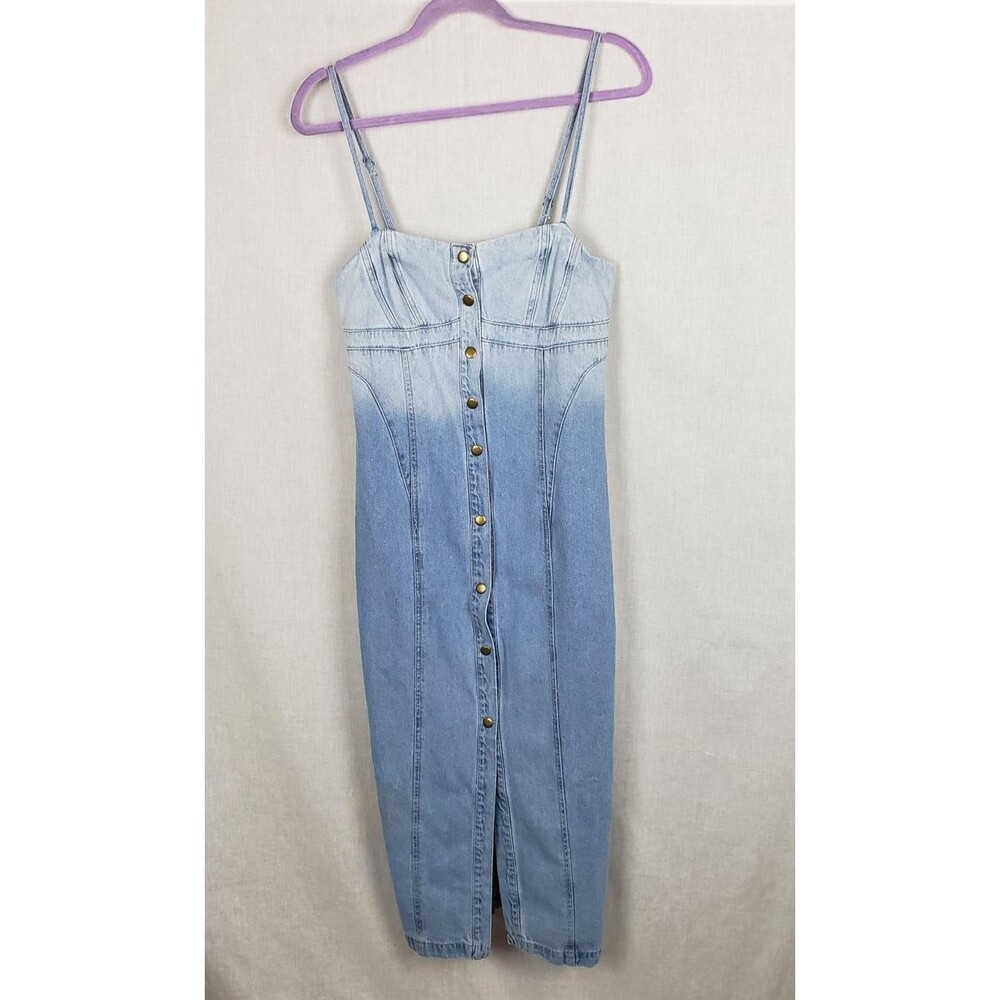 Forever 21 Premium Denim Dress Ombre S Button Midi Slit Front‎ Casual Boho
